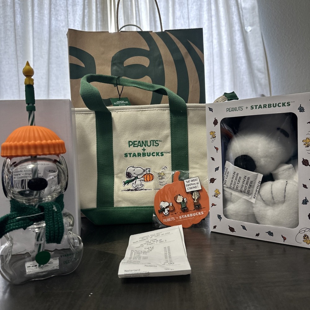Starbucks x Peanuts Snoopy Glass Cold Cup, Tote, Plush, Pins Limited Edition New